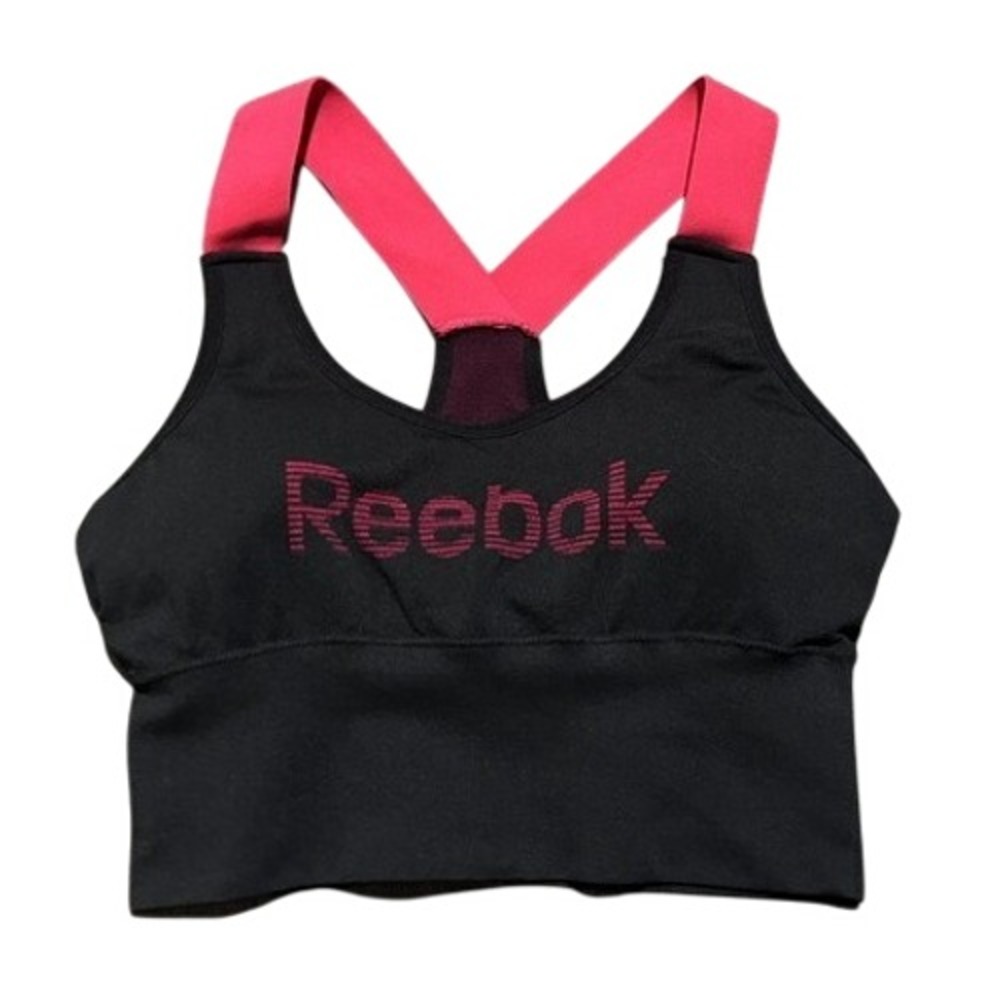 Reebok Womens Racerback Sports Bra Black Pink Logo Size Large Activewear Gym